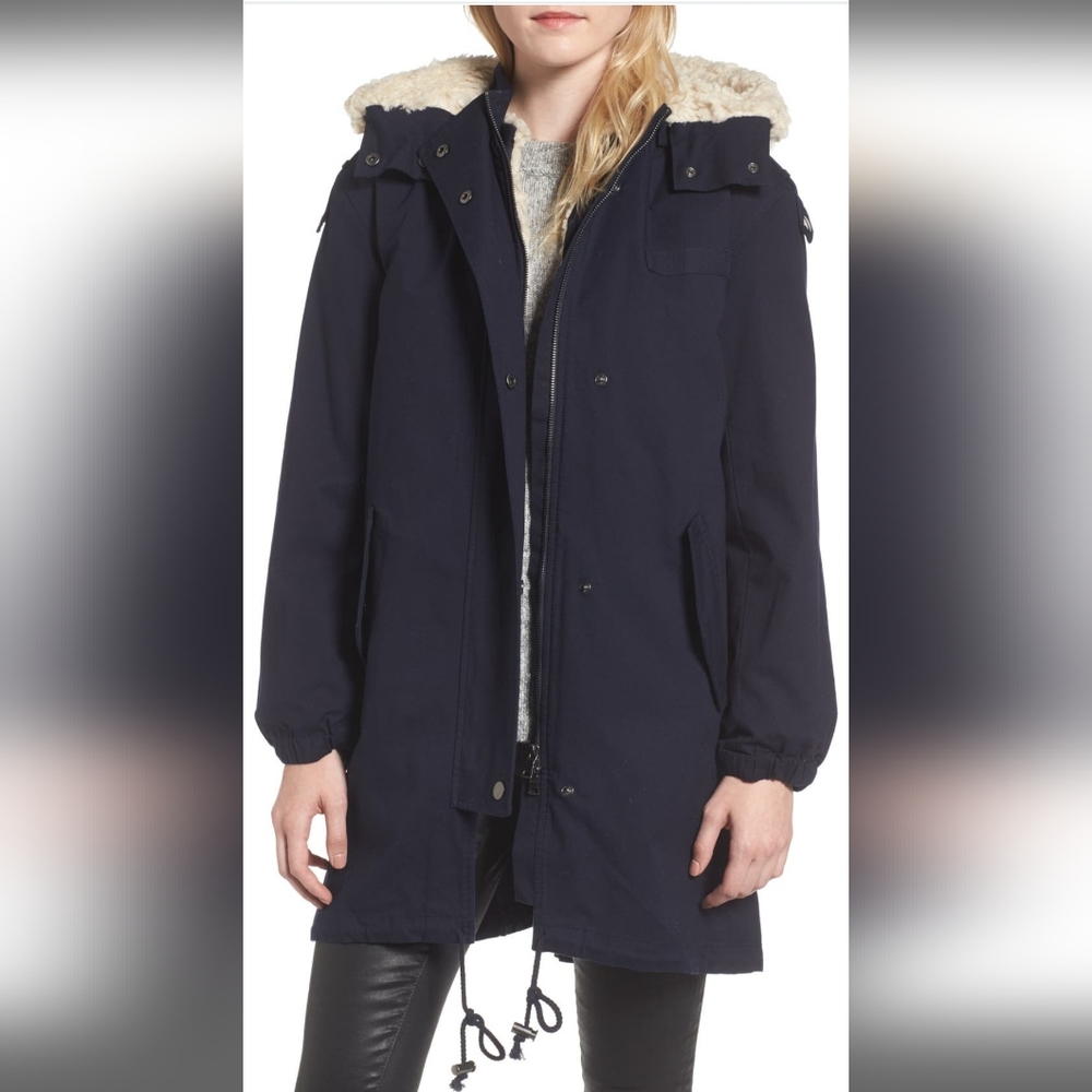 NWT XS AG Adriano Goldschmied Dani Barn Coat Navy Blue Faux Shearling